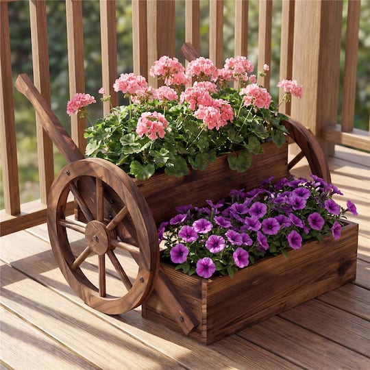 Costway 2-Tier Rustic Wood Wagon Planter with Wheels Handles & Drainage